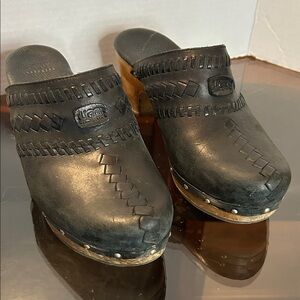 UGG Black Leather Woven Clogs